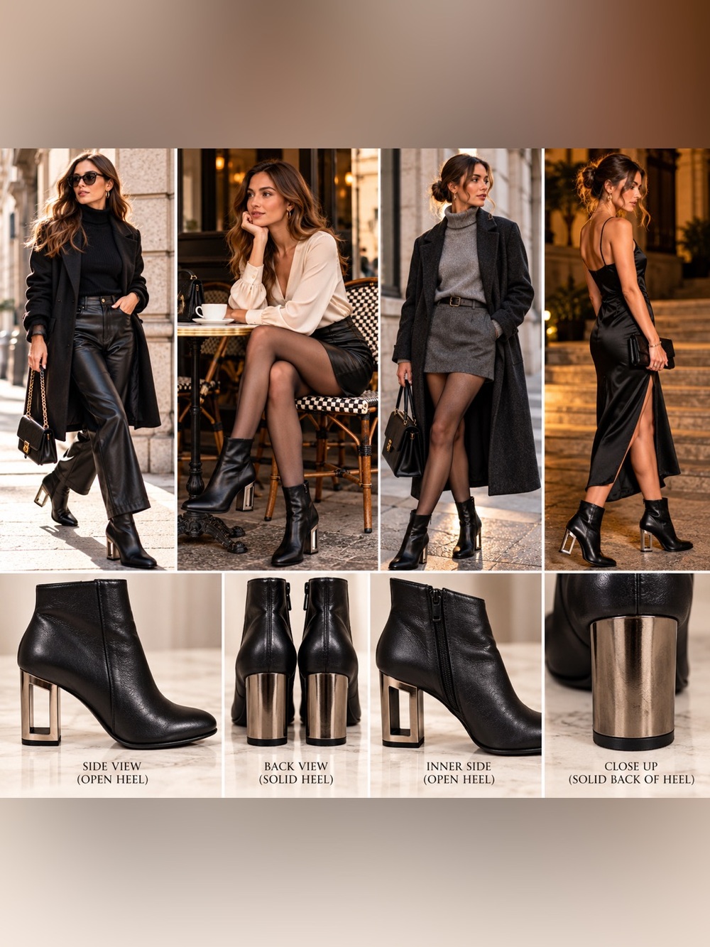 Black Leather Ankle Booties with Sculptural Metallic Heel